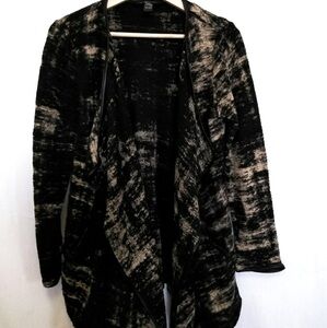 INC Sweater Womens XS BLK Tan Marbled Waterfall Open Faux Leather Trim Cardigan